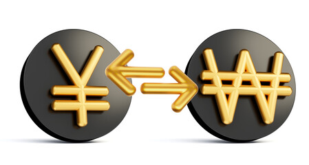 3d Golden Yen And Won Symbol On Rounded Black Icons With Money Exchange Arrows, 3d illustration