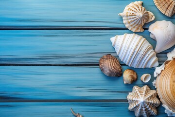 Summer time concept with sea shells and starfish on a blue wooden background and sand with copy space.AI Generated
