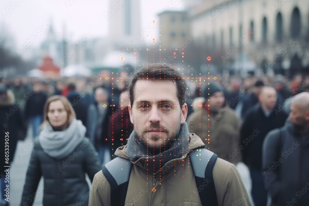Poster facial recognition technology scans a crowded space, detecting the face of man in crowd of people