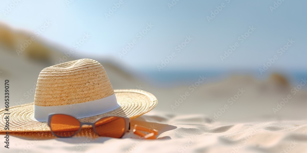 Canvas Prints Beach vacation with a straw hat on the sand, generative ai