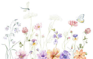 Watercolor Border with multicolor Wildflowers. Summer Illustration. - obrazy, fototapety, plakaty