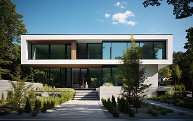 Beautiful contemporary villa with pool and garden at blue hour, generative ai