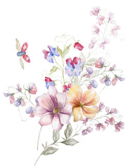 Fototapeta na wymiar Watercolor Bouquet with Wildflowers. Multicolor Flowers. Design for Card on the white Background.