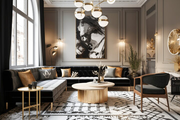 Luxury living room in art deco style with golden, black and white colors. Super photo realistic background, generative ai illustration