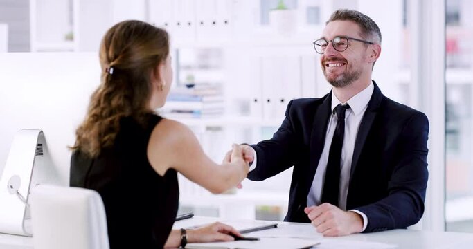 Handshake, recruitment or businessman in a job interview or meeting process at human resources. Woman, hiring opportunity or hr manager shaking hands with a female candidate for a company vacancy