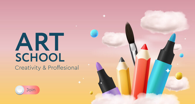 Art school template with pencils and clouds