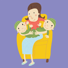 Illustration of a mother and twins sitting on a chair
