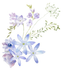 Watercolor Bouquet with Wildflowers. Blue Florals. Design for Card on the white Background.