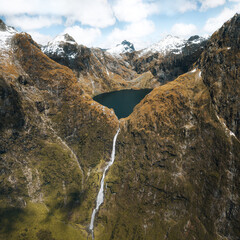 Amazing aerial view of mountain Lake Quill and Sutherland Falls on the scenic flight from Milford...