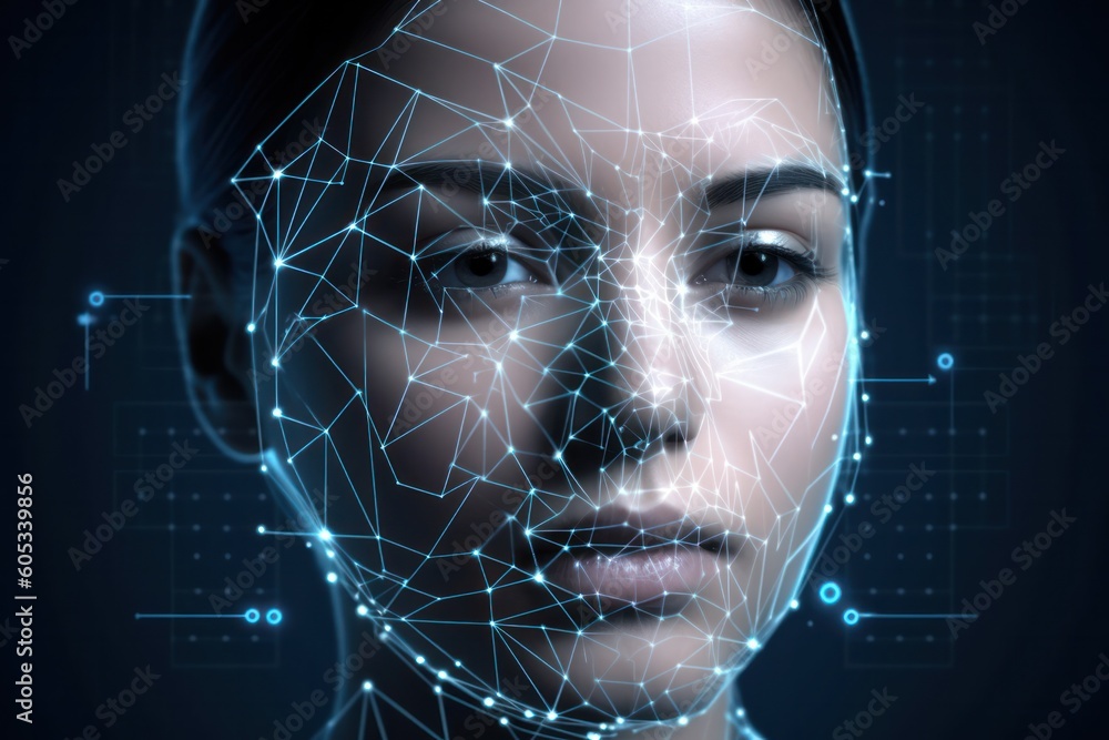 Poster concept of authentication by facial recognition, woman face showing biometric identification