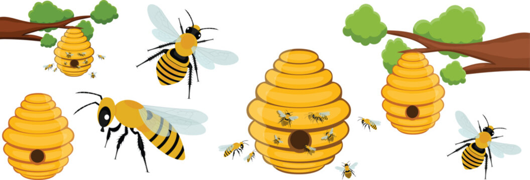 Bee tree hive vector design bee icon Yellow honey hive with cute bees hanging on a tree branch vector image.
