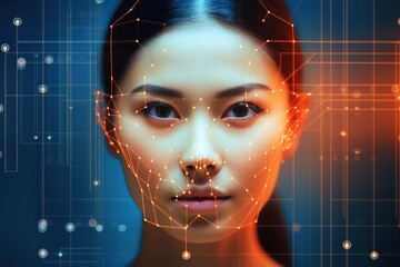 face of woman futuristic and technological scanning process, employing facial recognition
