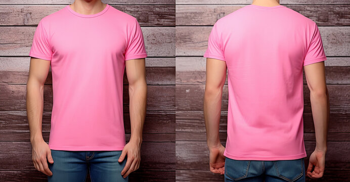 plain pink t-shirt mockup template, photo studio with male model, with view, front and back, generative ai