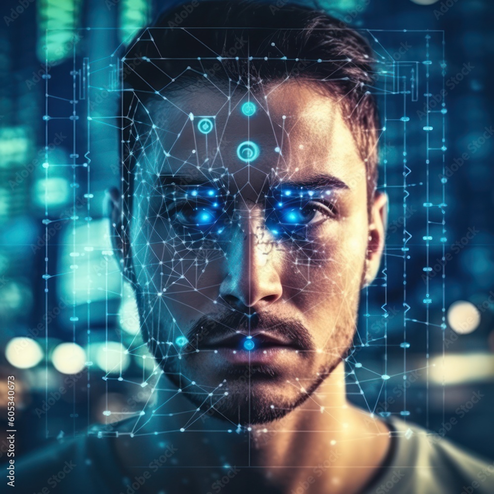 Poster authentication by facial recognition concept. biometric identification. innovative security system