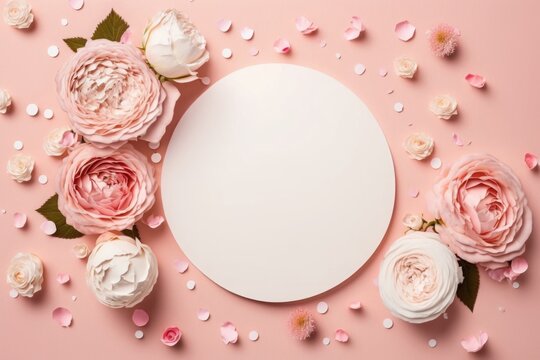 Mother's Day concept. Top view photo of white circle pink peony roses and sprinkles on isolated pastel pink background with empty space, Generative AI