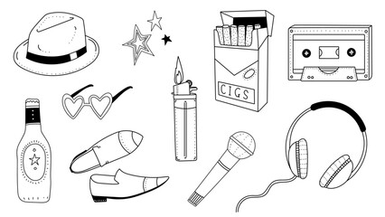 Indie retro music festival illustration set. Music band doodle set