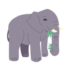 cute elephant is eating grass in cartoon style. side view. isolated on white background. flat vector illustration.