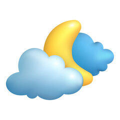 Crescent moon in clouds 3d vector illustration. Cloudy or clear weather at summer night in cartoon style isolated on white background. Weather forecast, meteorology concept