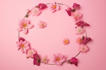 Fototapeta na wymiar Serene Symmetry: A Photographic Capture of Pink Flowers Forming a Delicate Circle on a Pink Ground