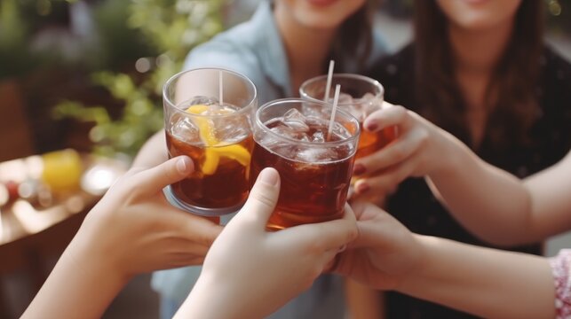 A group of people gathered, raising their glasses in a toast with refreshing iced tea. Captures the joyous moment of shared celebration and the coolness of the refreshing beverage. AI-generated.