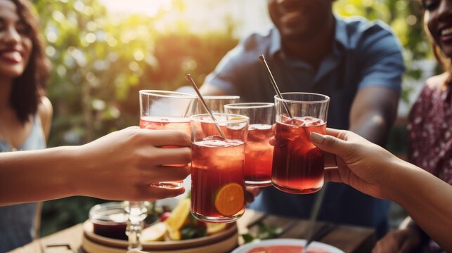 A group of people gathered, raising their glasses in a toast with refreshing iced tea. Captures the joyous moment of shared celebration and the coolness of the refreshing beverage. AI-generated.