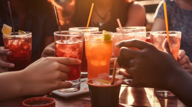 A group of people gathered, raising their glasses in a toast with refreshing iced tea. Captures the joyous moment of shared celebration and the coolness of the refreshing beverage. AI-generated.