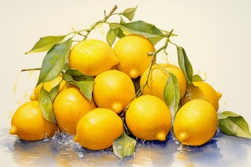 Zesty Delight: A Refreshing Painted Drawing of Fresh Lemons with Waterdrops in a Monochromatic Background