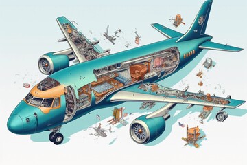 Unleashing the Whimsy: Biotechnical Exploded View Illustration of a Playfully Funny Airplane