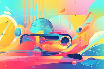 A Fantastic Futuristic Illustration of a Vibrant Podcast in a Colorful Landscape Bathed in Sunny Light