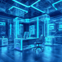 modern interior of modern office futuristic technology cool, blue, generative ai modern smart architecture