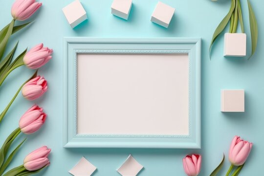 Mother's Day concept. Top view photo of empty photo frame tulips blue gift boxes with ribbon bows and sprinkles on isolated pastel blue background with blank, Generative AI