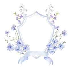 Watercolor Crest with Wildflowers on the white Background. Wedding Design. - 605341662