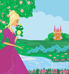 Beautiful young princess kissing a big frog - 605341862