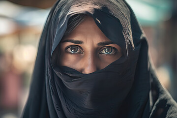 Portrait of a muslim woman in hijab. AI generative - 605342019