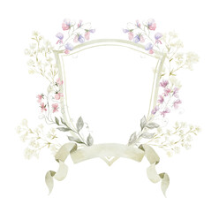 Watercolor Crest with Wildflowers on the white Background. Wedding Design.