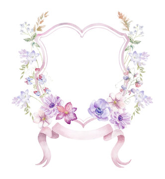 recommend clip art: Watercolor Crest with Wildflowers on the white Background. Wedding Design.