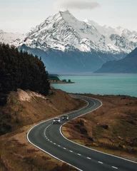 Acrylic prints Aoraki/Mount Cook Scenic winding road along Lake Pukaki to Mount Cook National Park, South Island, New Zealand during cold and windy winter morning. One of the most beautiful viewing point of Aoraki Mount Cook.