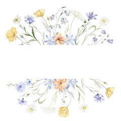 Watercolor Frame with Wildflowers on the white Background. Summer Illustration - 605342676
