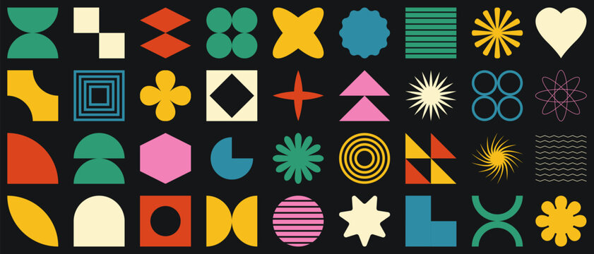 Vector set of brutalist geometric shapes. Naive playful shapes.Abstract minimalist figures, stars, flowes