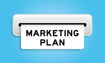 White coupon banner with word marketing plan from machine on blue color background
