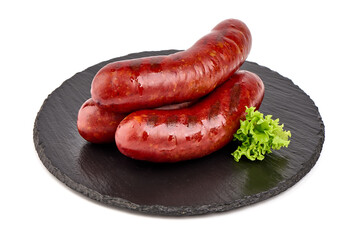 Grilled german bratwurst sausages, isolated on white background.