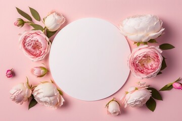 Fototapeta na wymiar Mother's Day concept. Top view photo of white circle and natural flowers pink peony rose buds on isolated light pink background with empty space, Generative AI