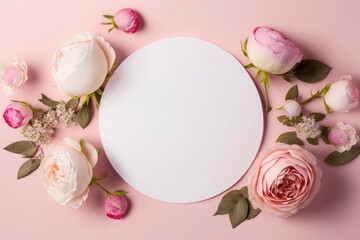 Obraz na płótnie Canvas Mother's Day concept. Top view photo of white circle and natural flowers pink peony rose buds on isolated light pink background with empty space, Generative AI