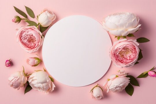 Mother's Day concept. Top view photo of white circle and natural flowers pink peony rose buds on isolated light pink background with empty space, Generative AI
