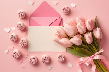 Mother's Day concept. Top view photo of bouquet of tulips tied with ribbon gift boxes open envelope with letter and heart shaped saucer with sprinkles, Generative AI