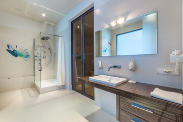 Design of a bathroom with a dark glass door in the interior of a luxury hotel. Shower cabin with...