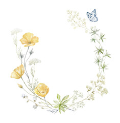 Watercolor Frame with Wildflowers on the white Background. Summer Illustration - 605343497