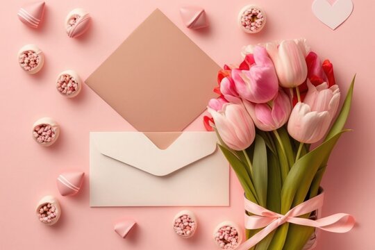 Mother's Day concept. Top view photo of bouquet of tulips tied with ribbon gift boxes open envelope with letter and heart shaped saucer with sprinkles, Generative AI