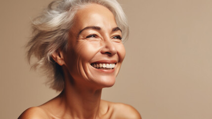 A happy mature woman smiles as she shows her beauty routine in the studio portrait. Generative AI