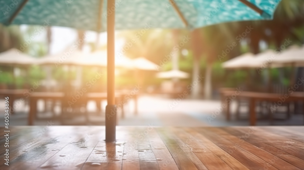 Poster a table made of wood with an umbrella placed on top of it generative ai